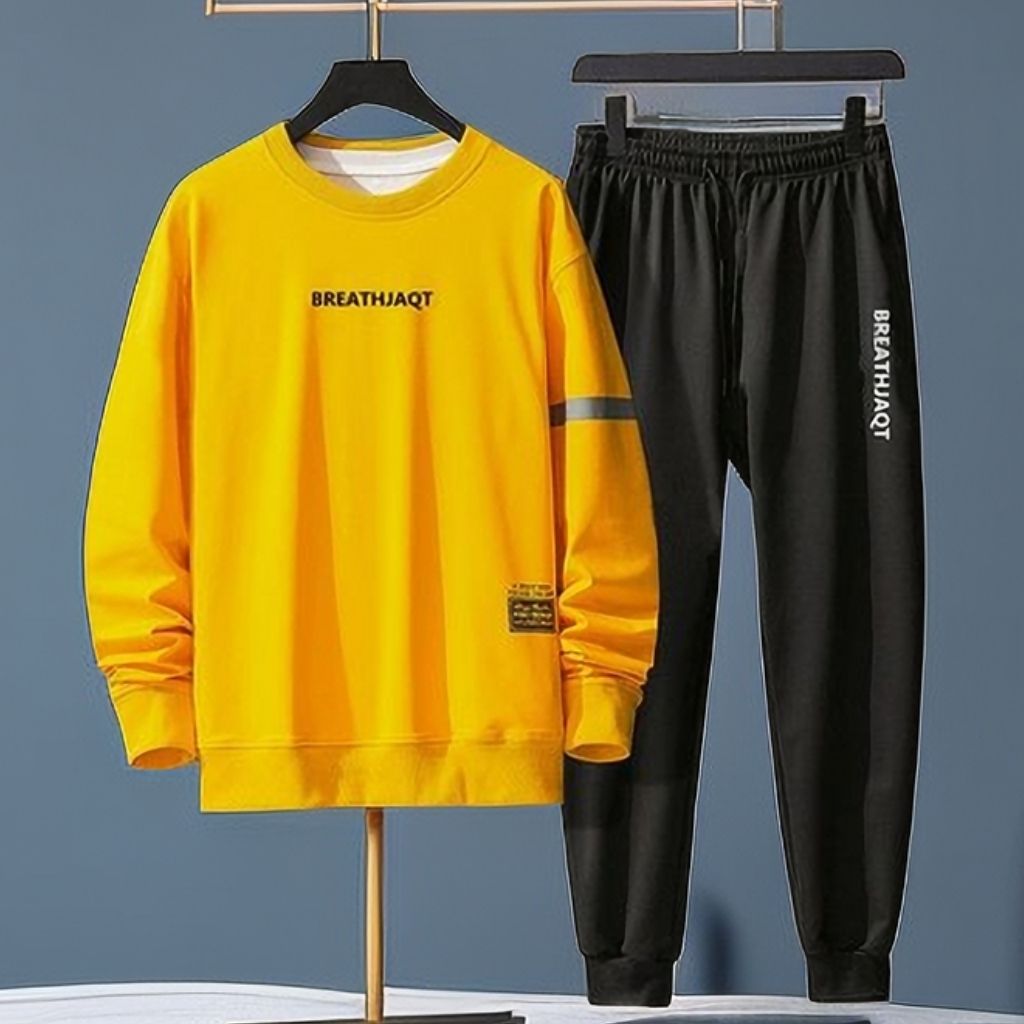 Mens 2 In 1 Sets Tracksuits Long Sleeve  Joggers Sweatshirt Sportswear-Yellow