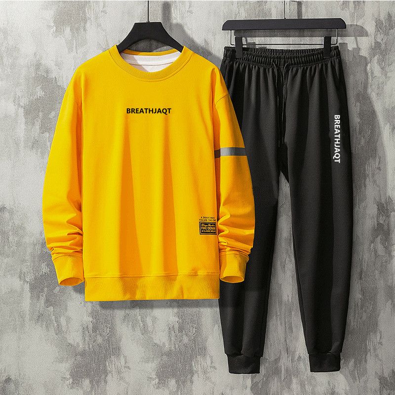 Mens 2 In 1 Sets Tracksuits Long Sleeve  Joggers Sweatshirt Sportswear-Yellow