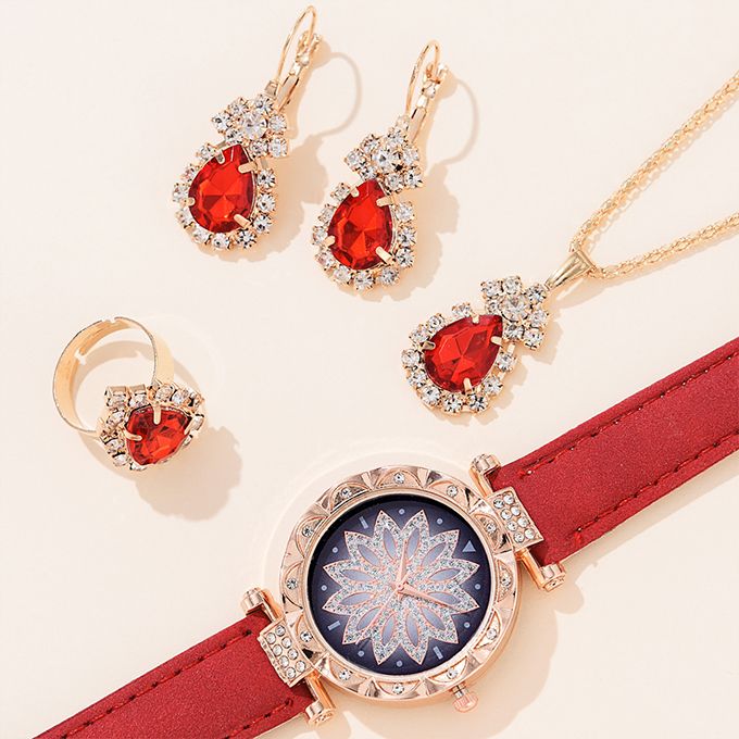 5pcs Set Watches Women Leather Band Ladies Wrist Watch