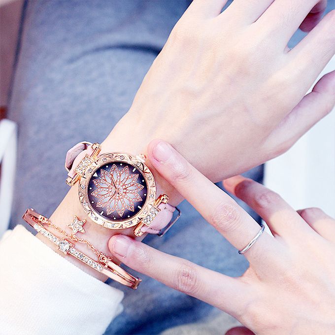 2 In 1 Women Watch Fashion Leather Wrist Watch Bracelet Set