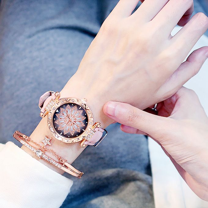 2 In 1 Women Watch Fashion Leather Wrist Watch Bracelet Set