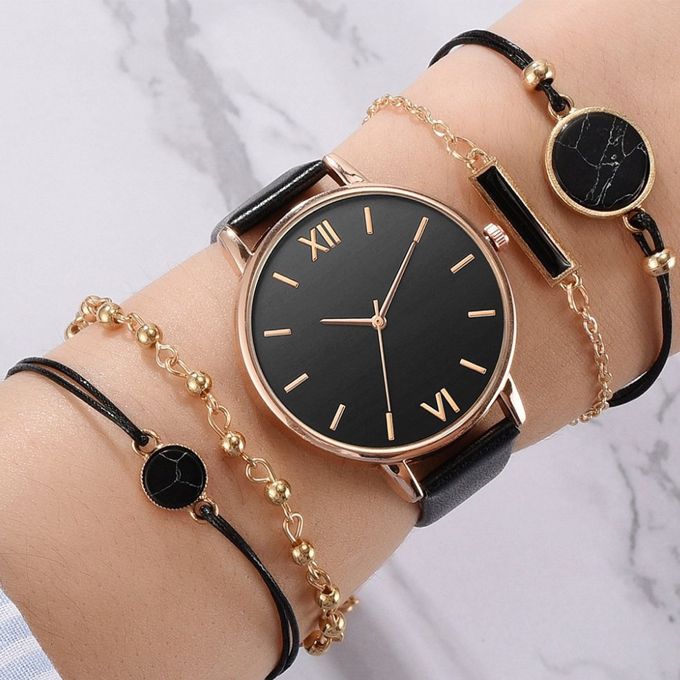 5PCS Watch Set Women Quartz Wristwatch Leather Ladies Bracelet Watch