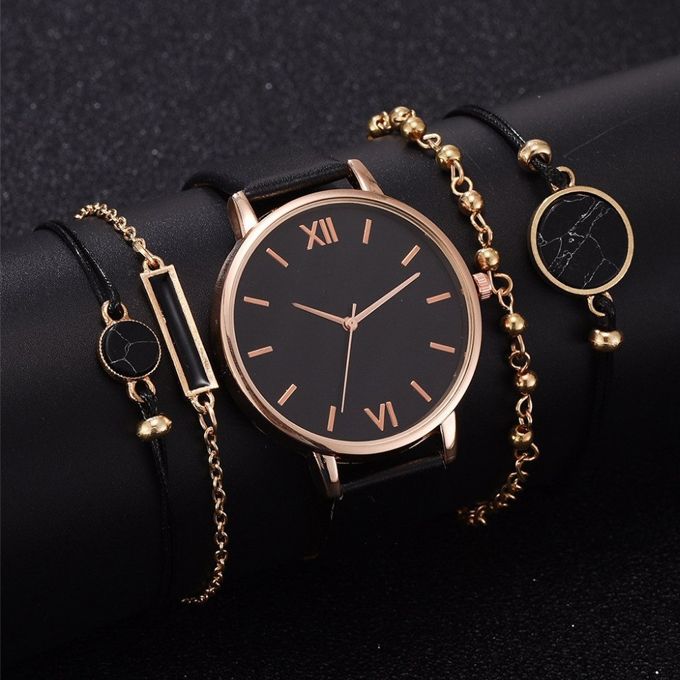5PCS Watch Set Women Quartz Wristwatch Leather Ladies Bracelet Watch