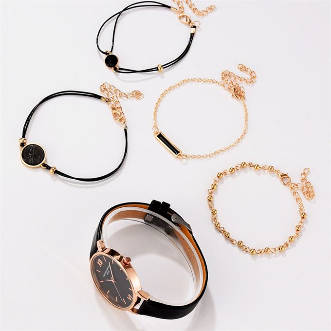 5PCS Watch Set Women Quartz Wristwatch Leather Ladies Bracelet Watch