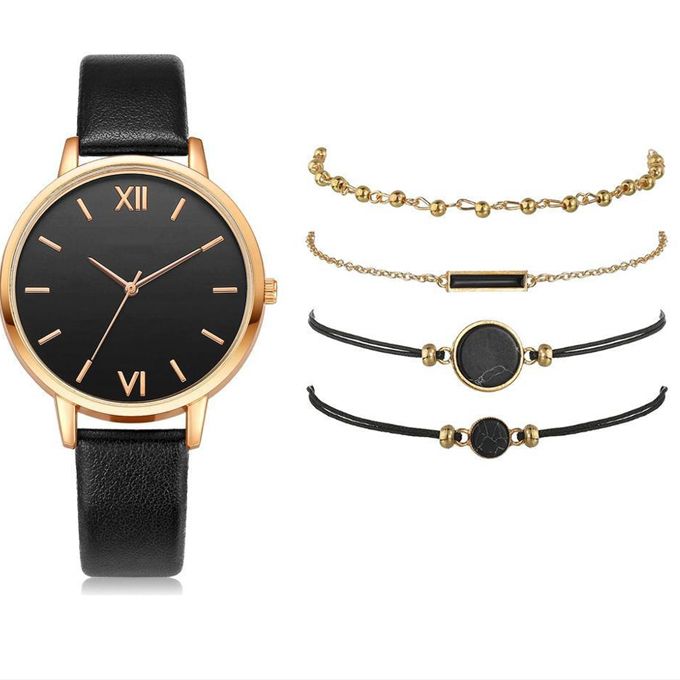 5PCS Watch Set Women Quartz Wristwatch Leather Ladies Bracelet Watch
