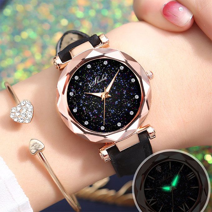 Women Watch Leather Band Ladies Quartz Wrist Watch - Black