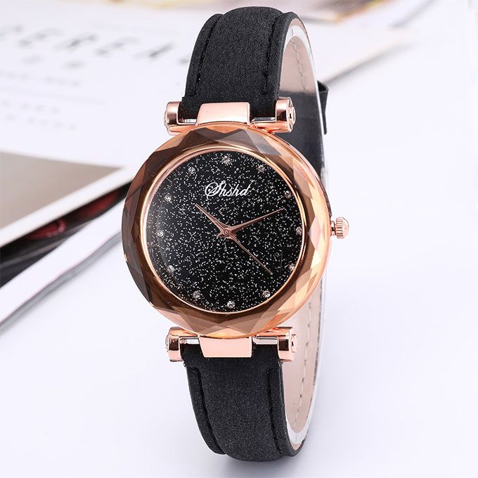 Women Watch Leather Band Ladies Quartz Wrist Watch - Black