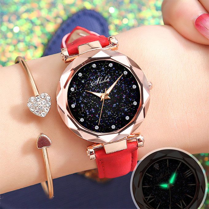 Women Watch Leather Band Ladies Quartz Wrist Watch - Black