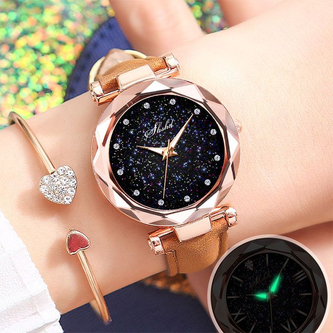 Women Watch Leather Band Ladies Quartz Wrist Watch - Black