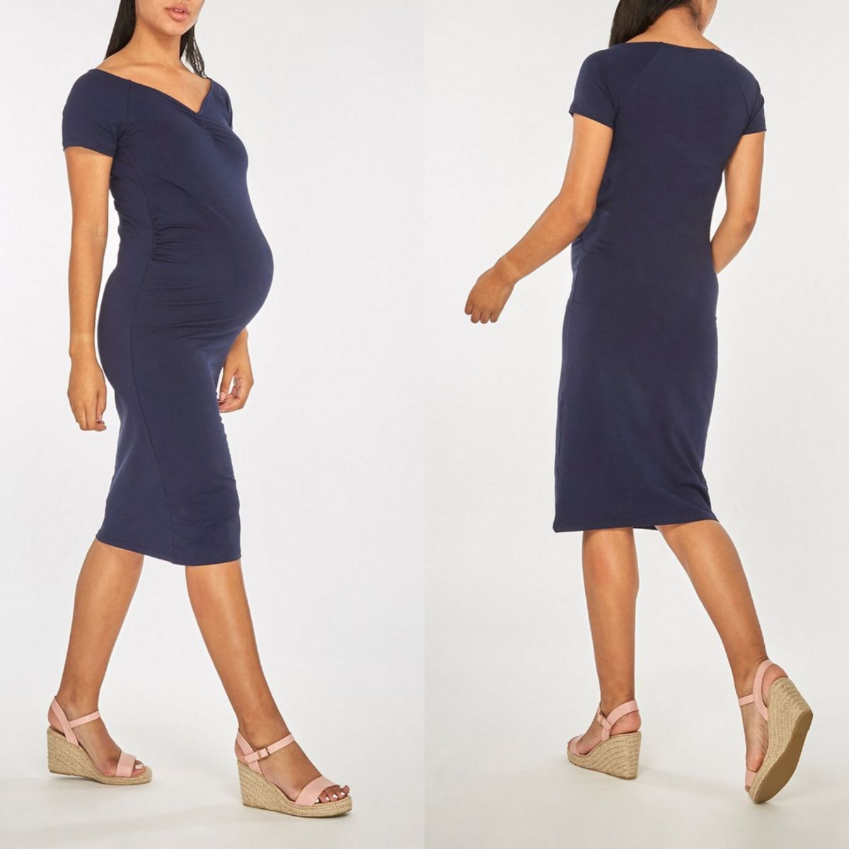 Sweetheart Neckline  Ruched Side Navy Maternity Dress