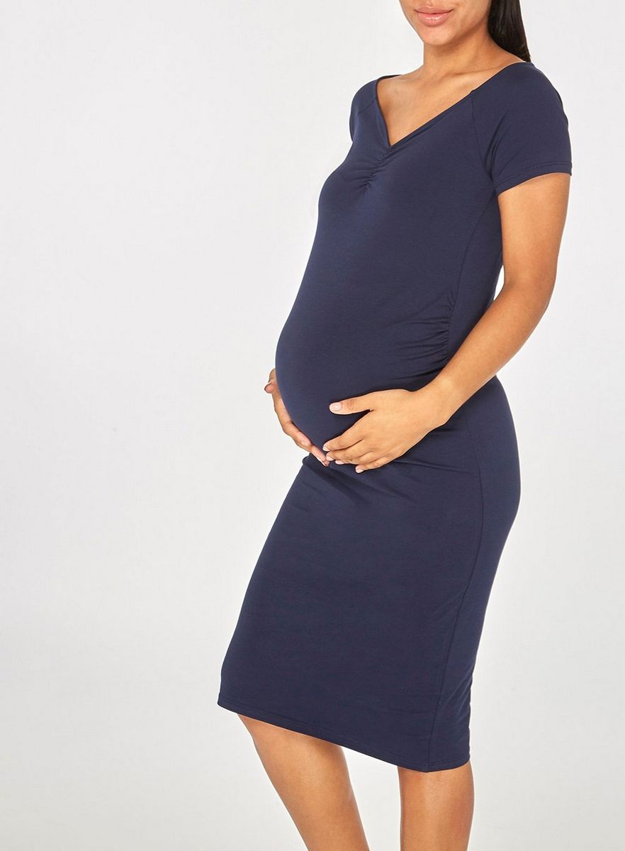 Sweetheart Neckline  Ruched Side Navy Maternity Dress