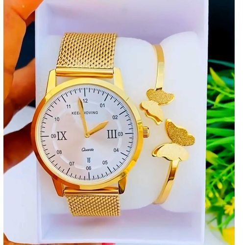 Super Exotic & Classy Non Fading Ladies Gold Wristwatch + Bracelet For Queens