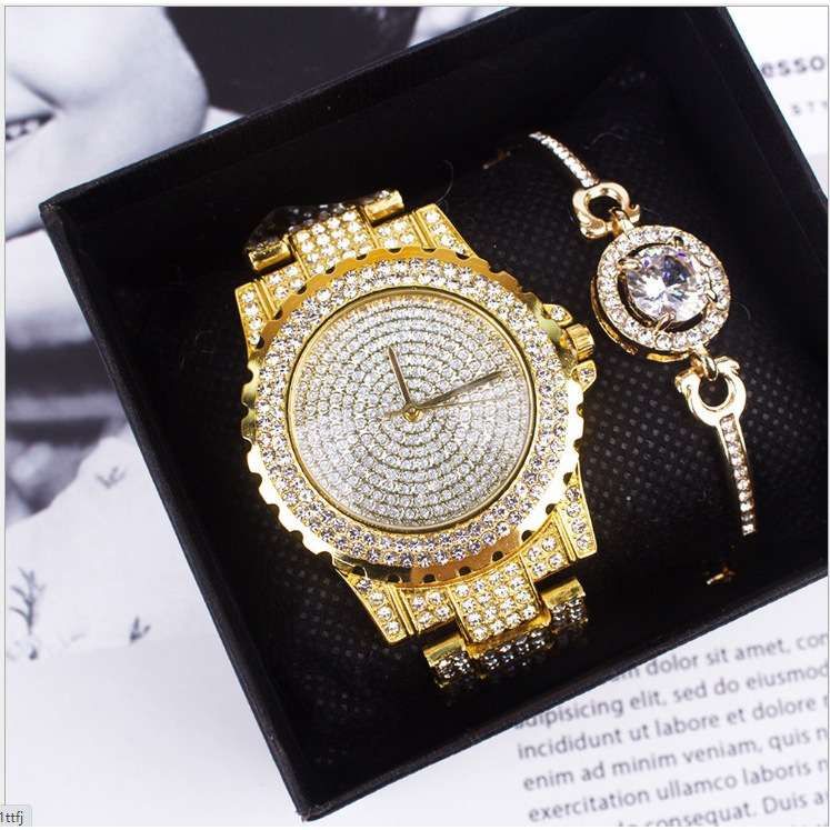 Women Diamond Iced Gold Chain Wristwatch With Bracelet