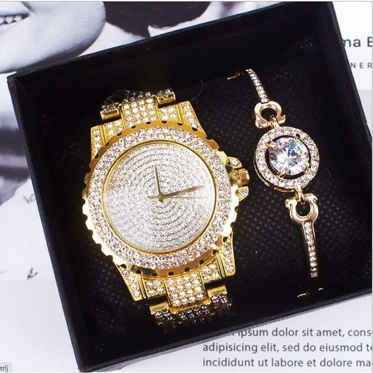 Women Diamond Iced Gold Chain Wristwatch With Bracelet