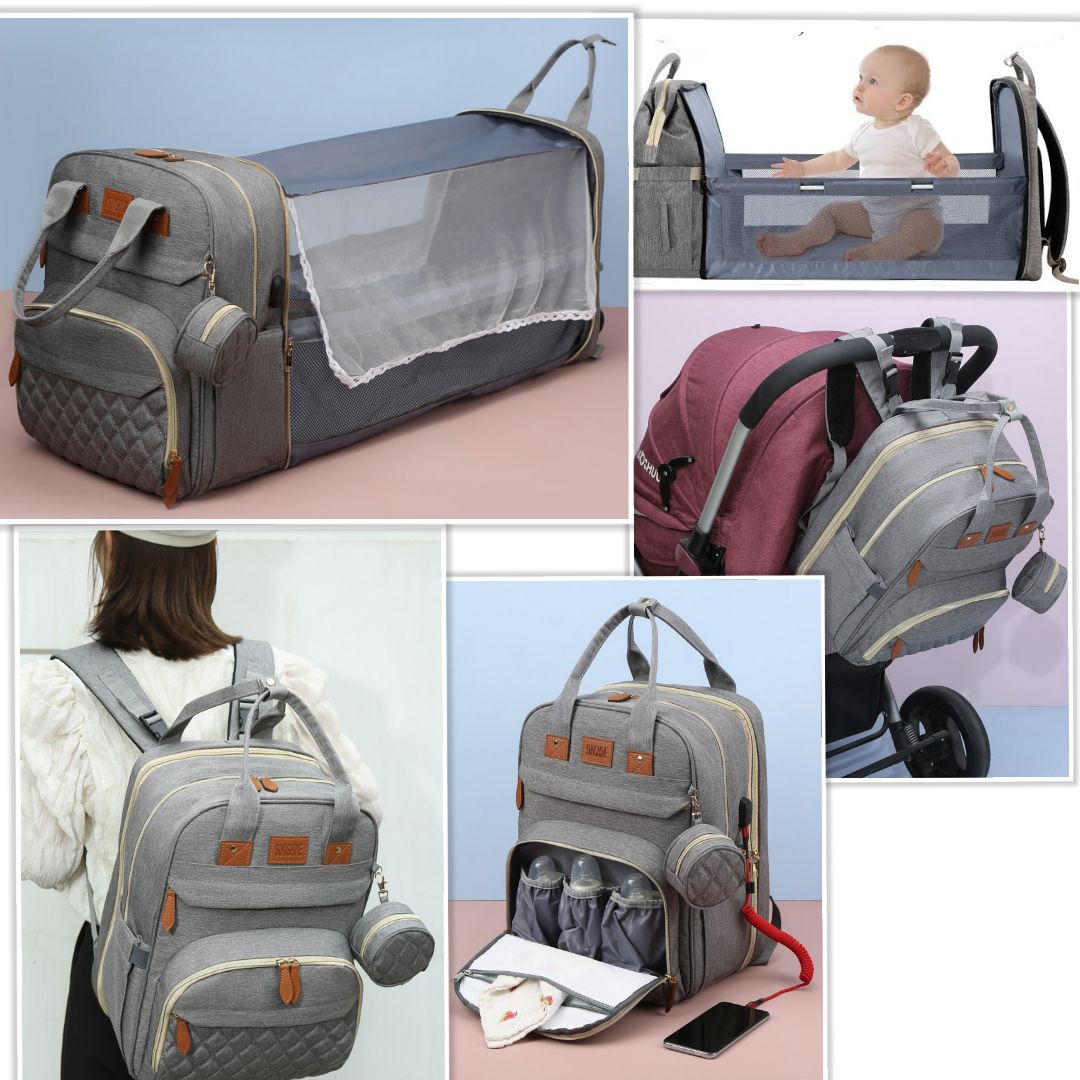 Baby Diaper Bag Backpack With Changing Station Multifunction Potable Shower Gift Baby Bag Outdoor Travel Baby Bed Waterproof Grey
