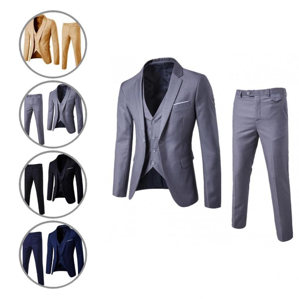 1 Set Men Suit Slim Single-breasted Korean Style Blazer Zipper Fly Pants Black