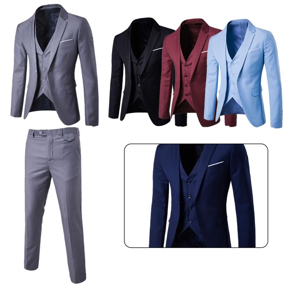 1 Set Men Suit Slim Single-breasted Korean Style Blazer Zipper Fly Pants Black