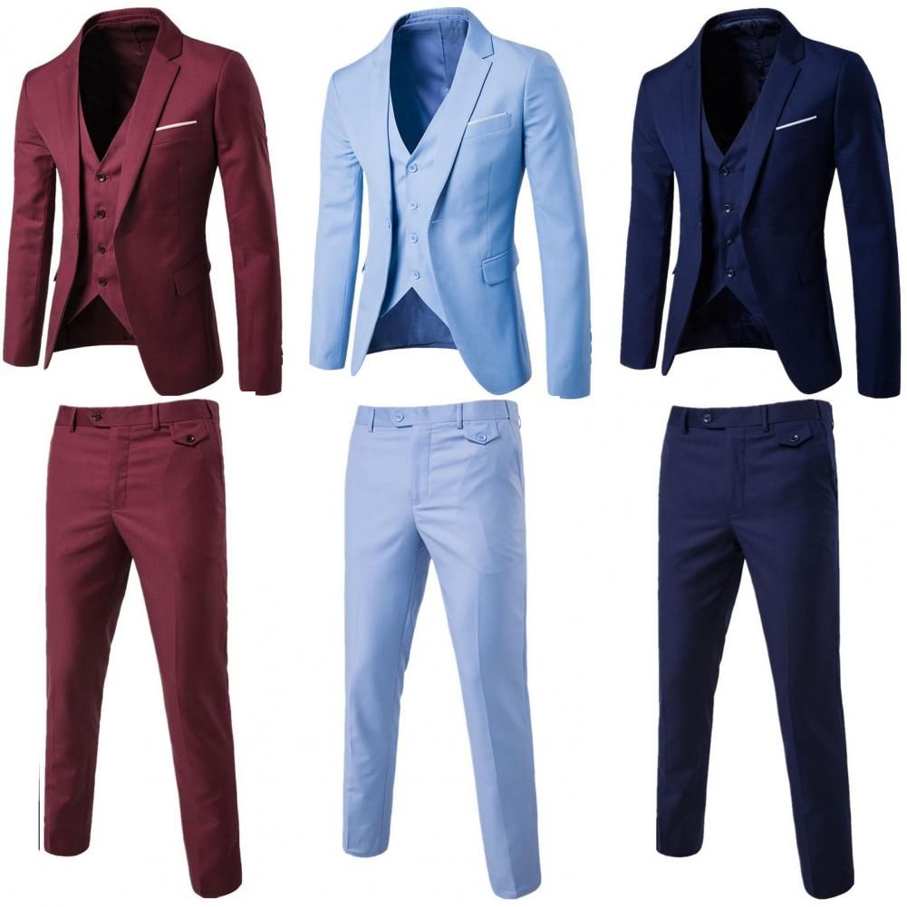 1 Set Men Suit Slim Single-breasted Korean Style Blazer Zipper Fly Pants Black