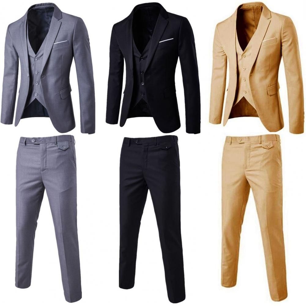 1 Set Men Suit Slim Single-breasted Korean Style Blazer Zipper Fly Pants Black