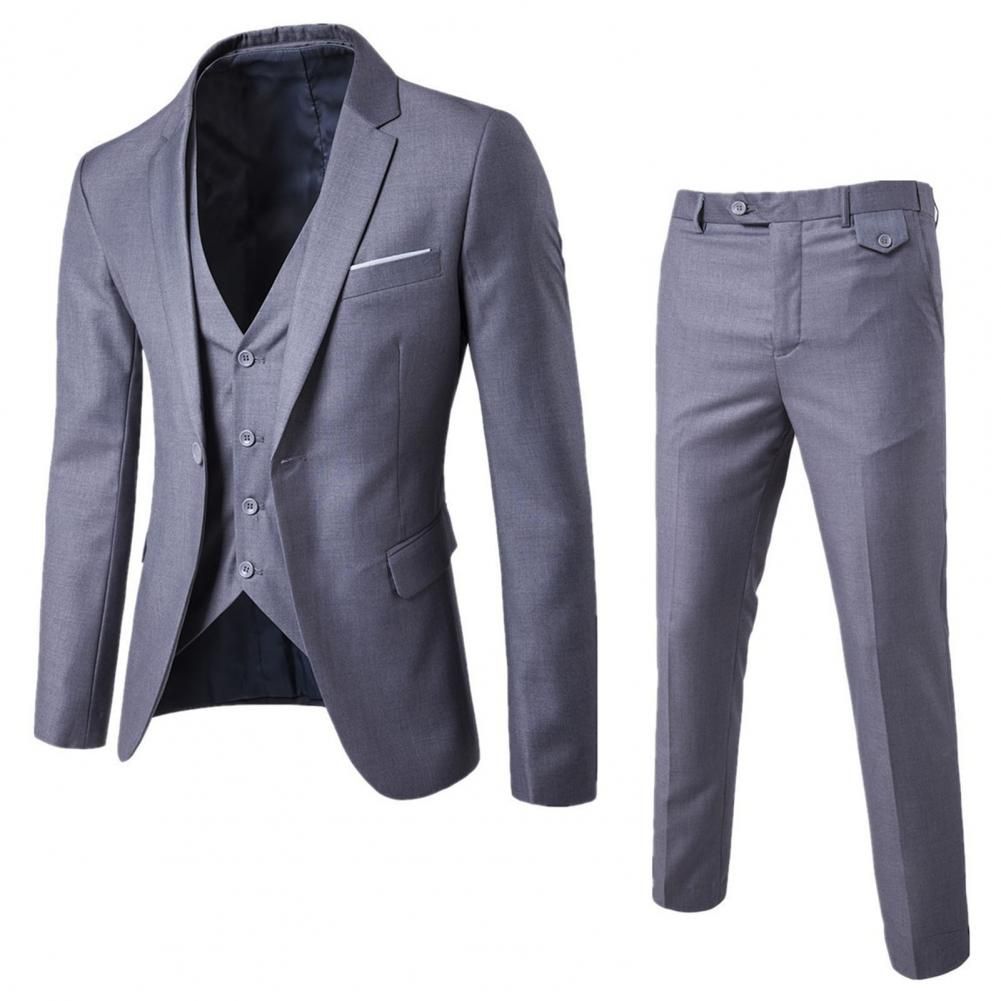 1 Set Men Suit Slim Single-breasted Korean Style Blazer Zipper Fly Pants Black