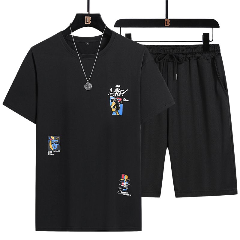 3 In 1 Men's T-Shirt Short Picasso Sleeve Shorts Set With Chain-Black