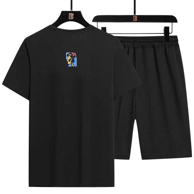 3 In 1 Men's T-Shirt Short Picasso Sleeve Shorts Set With Chain-Black