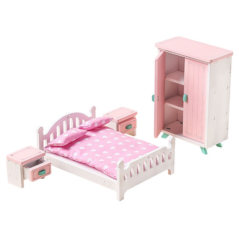 Wooden Dollhouse Furniture Set Mini Bedroom Model Toys For
