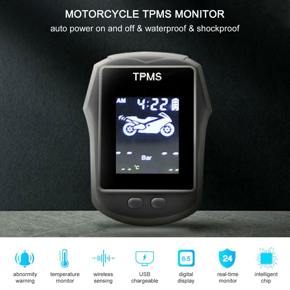 Motorcycle Exterior TPMS Wireless Tire Pressure Temperature Monitoring System USB Chargeable Large LCD Real Time Display High Accuracy