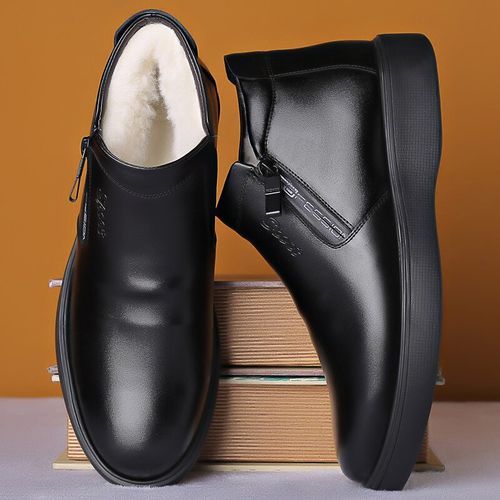 Men Autumn Genuine Leather Boots With Fur Winter Men Fashion Ankle-Black