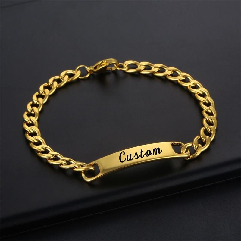 Personalized Customized Name Engraved Bracelets for Women Men  Stainless Steel 5mm Cuban Chain Custom Bracelet Nameplate Jewelry