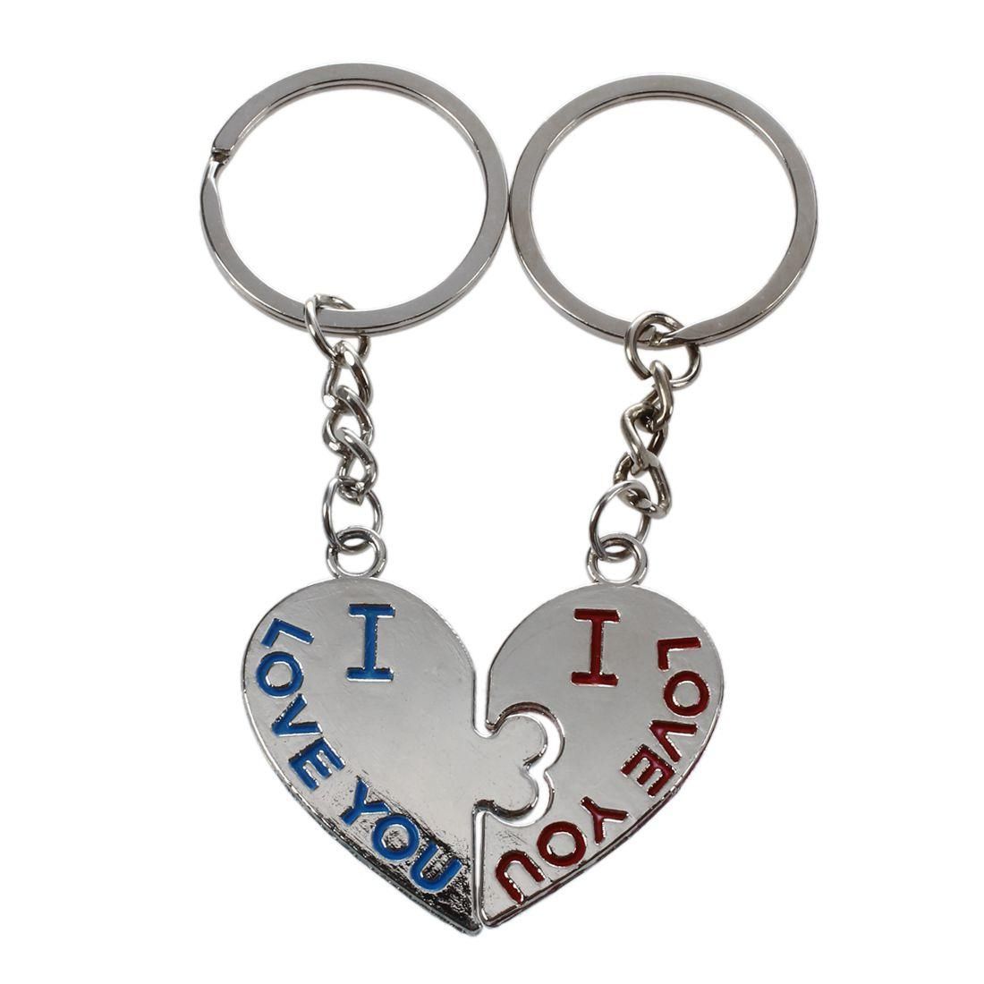 I Love You Design Pair Couple Key Chain with Heart Pendant