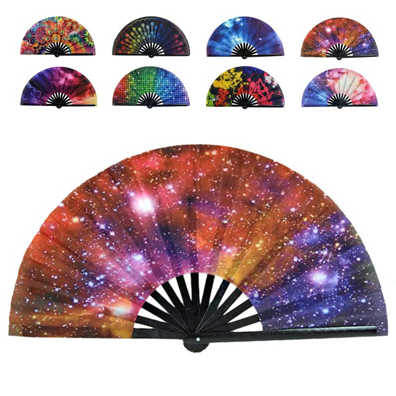 Large Satin Folding Fan Printing Fan Fan Hand Bone Supplies Party Fu Fan Carnival Bamboo Kung Festival