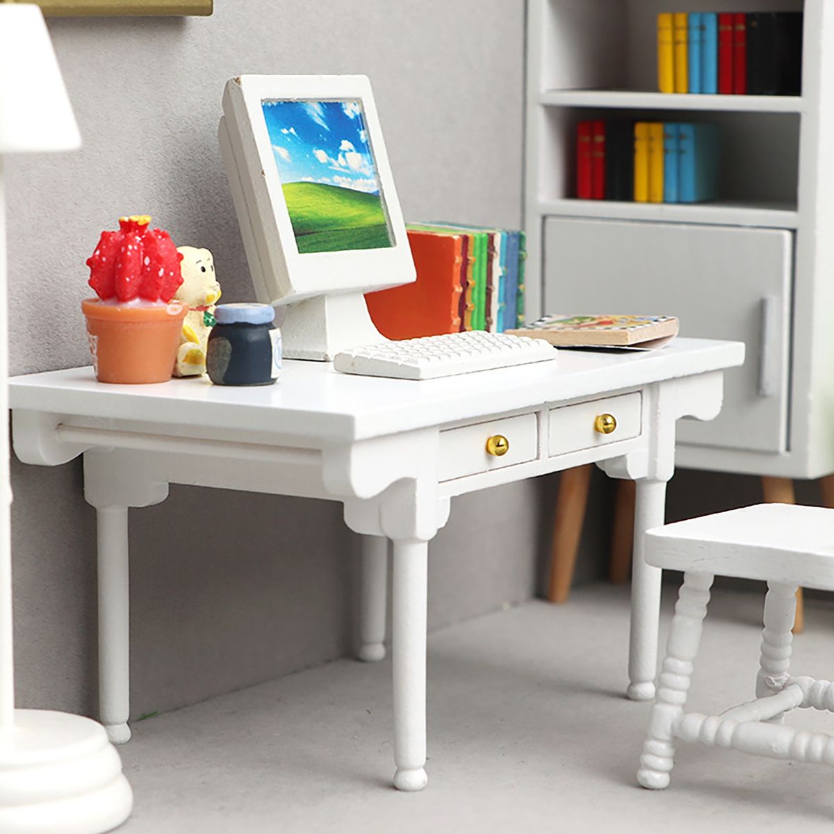 Doll House Desk Mini Miniature Dollhouse Wooden Desk Table White
