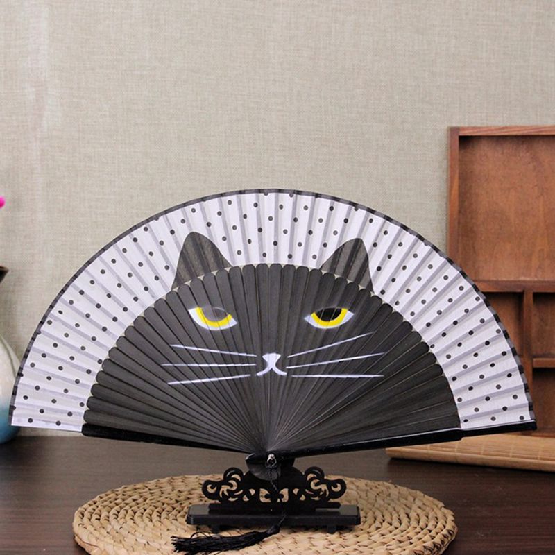 Folding Fan Folding Fans Out Hand Hollow Dancing Wedding Handheld Fan Decoration Party Silk Outdoor Cartoon Cat