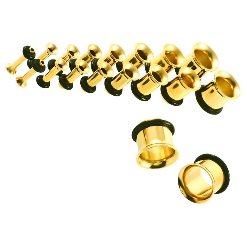 9 Pair Stainless Steel Ear Gauges Stretching Tunnel Plugs 14g Gold