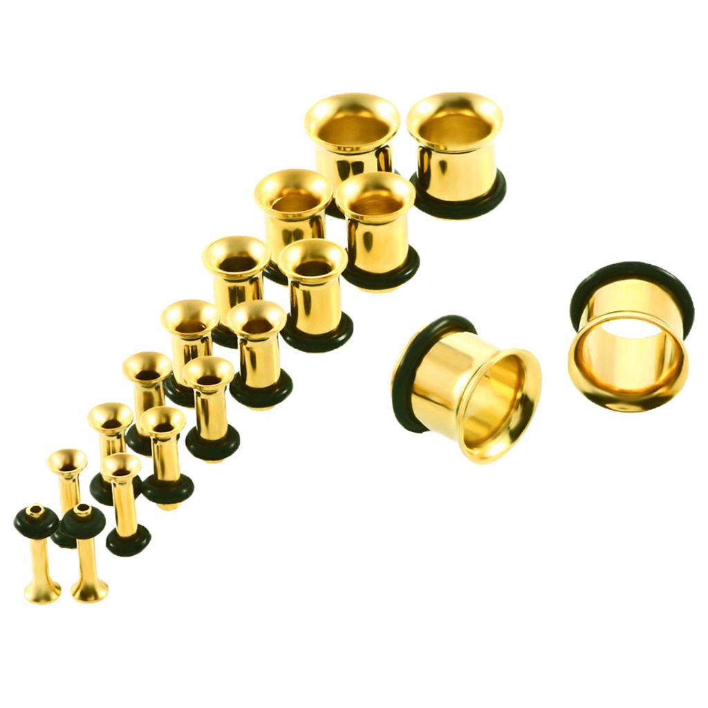9 Pair Stainless Steel Ear Gauges Stretching Tunnel Plugs 14g Gold