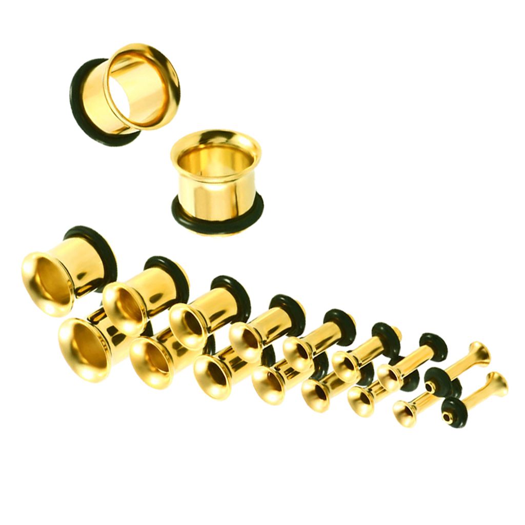 9 Pair Stainless Steel Ear Gauges Stretching Tunnel Plugs 14g Gold
