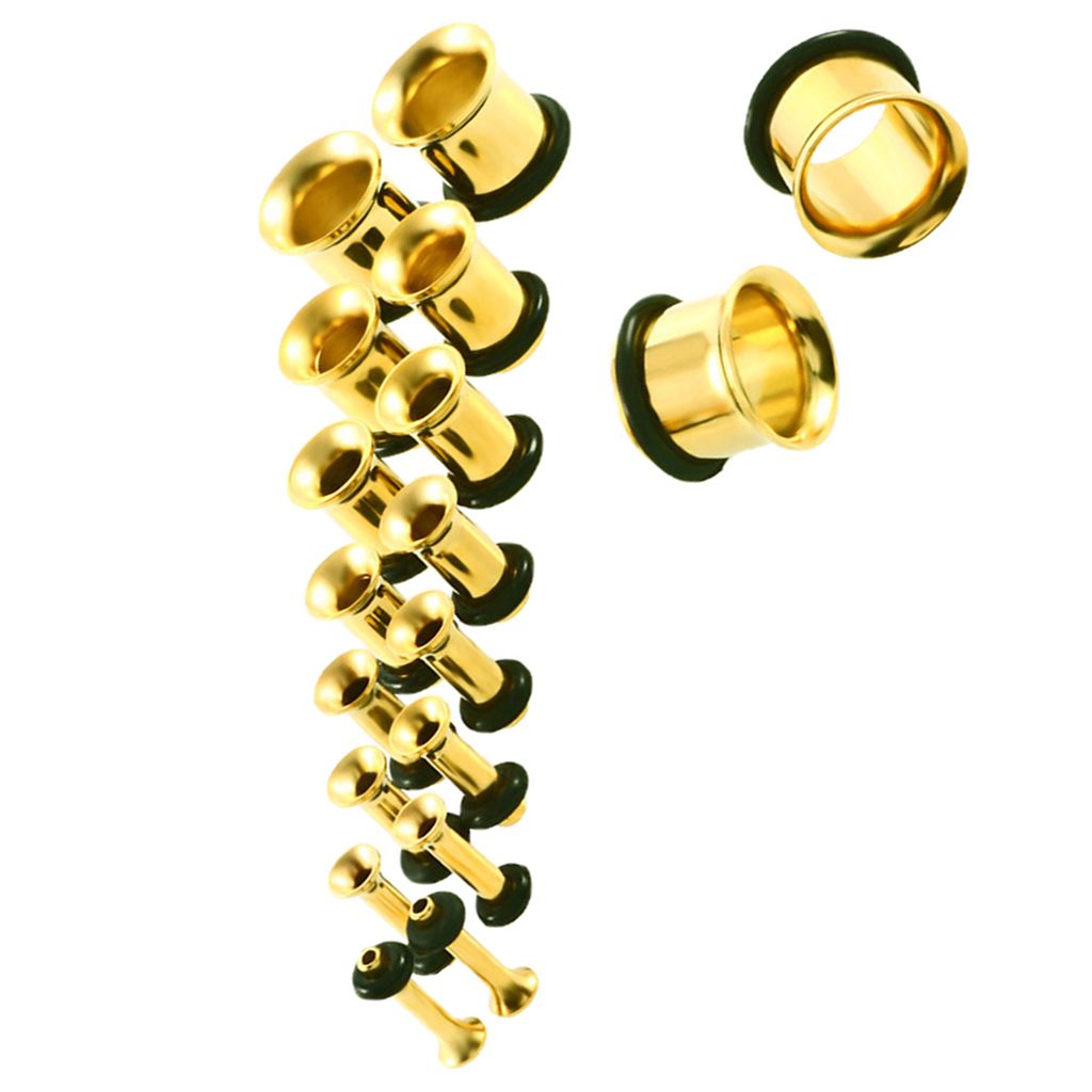 9 Pair Stainless Steel Ear Gauges Stretching Tunnel Plugs 14g Gold