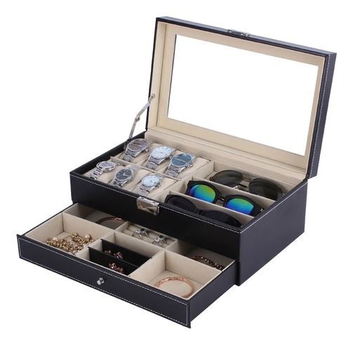 Double Layer Wrist Watch Box Case With 3 Slot Eyeglasses Case Jewelry Box Storage Display Case