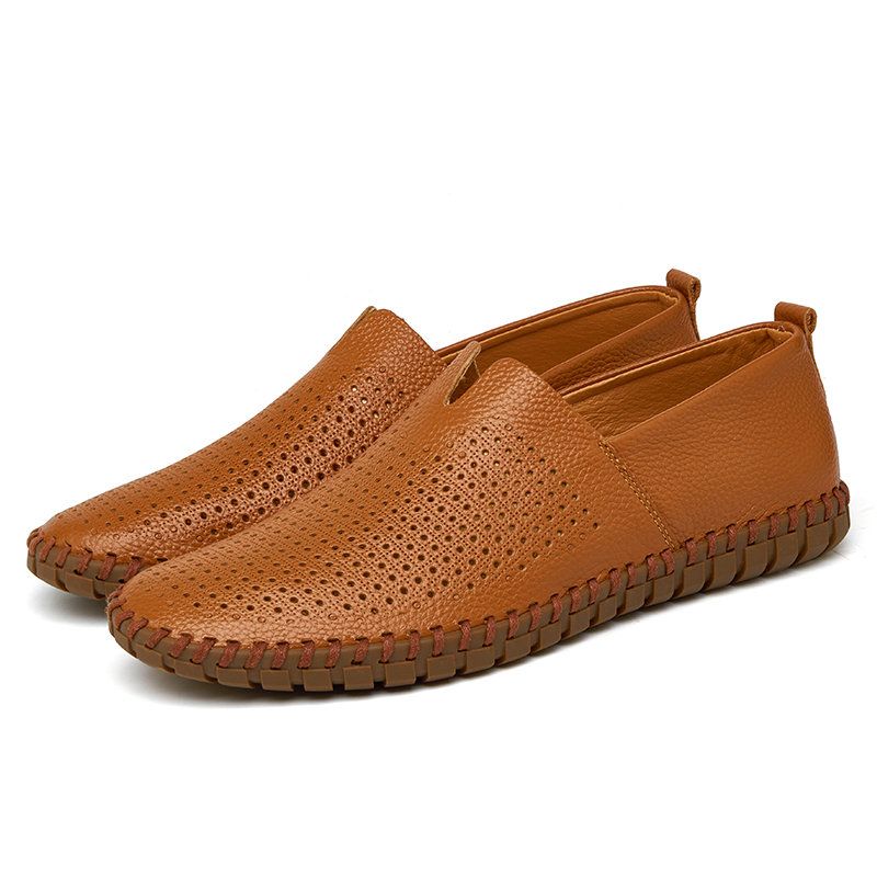 Loafers Leather Slip On Casual Shoes Moccasins Plus Size Hole Brown
