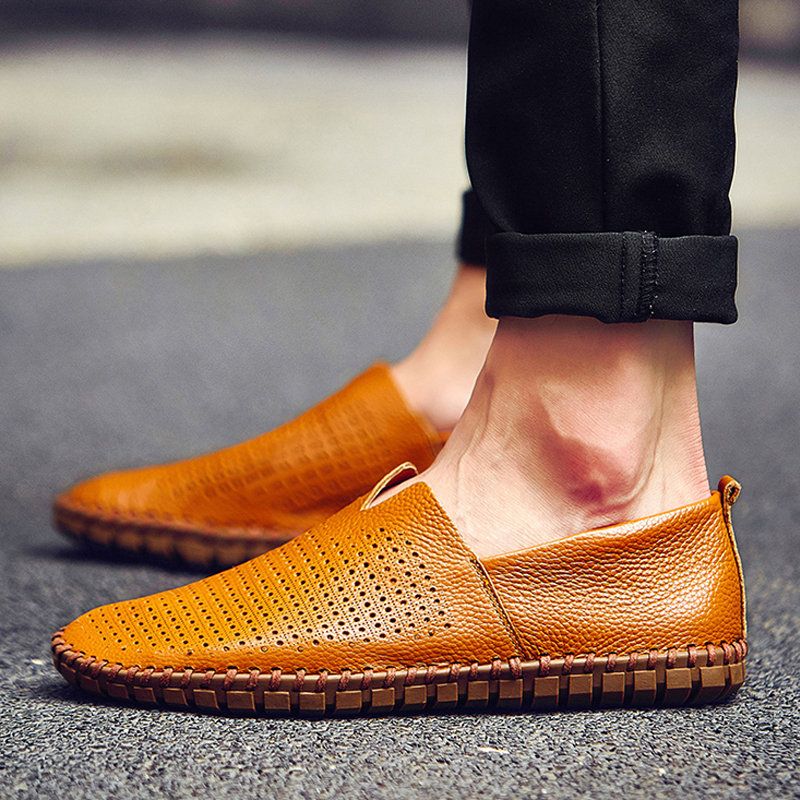 Loafers Leather Slip On Casual Shoes Moccasins Plus Size Hole Brown