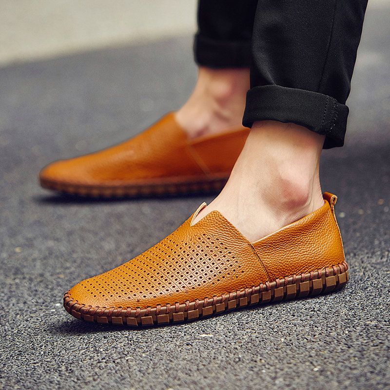 Loafers Leather Slip On Casual Shoes Moccasins Plus Size Hole Brown