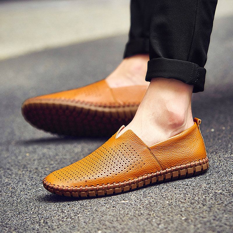 Loafers Leather Slip On Casual Shoes Moccasins Plus Size Hole Brown