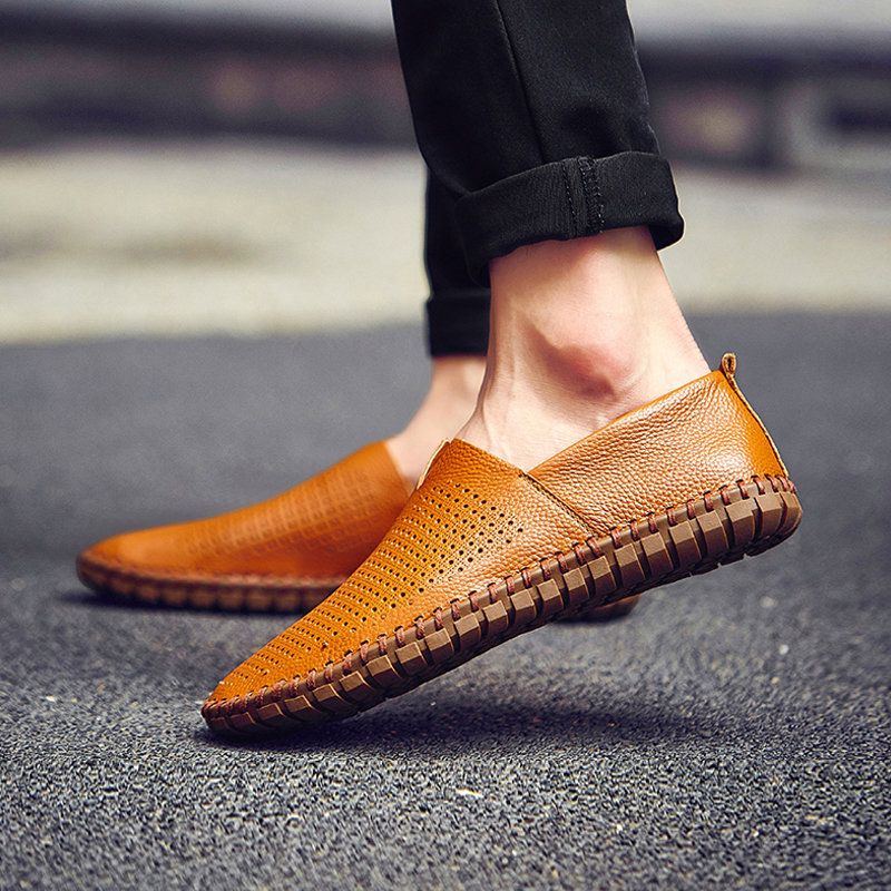 Loafers Leather Slip On Casual Shoes Moccasins Plus Size Hole Brown