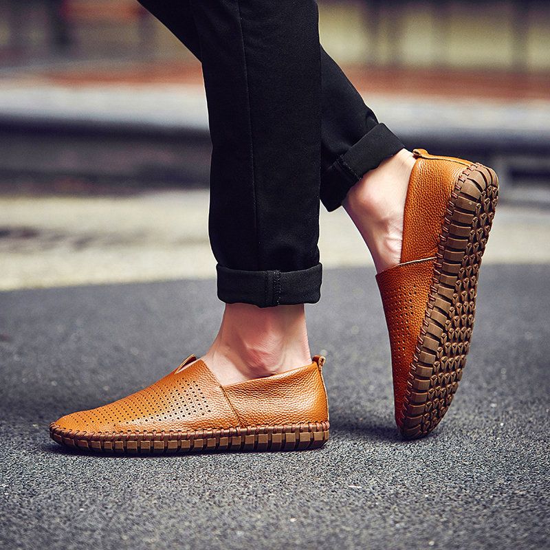 Loafers Leather Slip On Casual Shoes Moccasins Plus Size Hole Brown