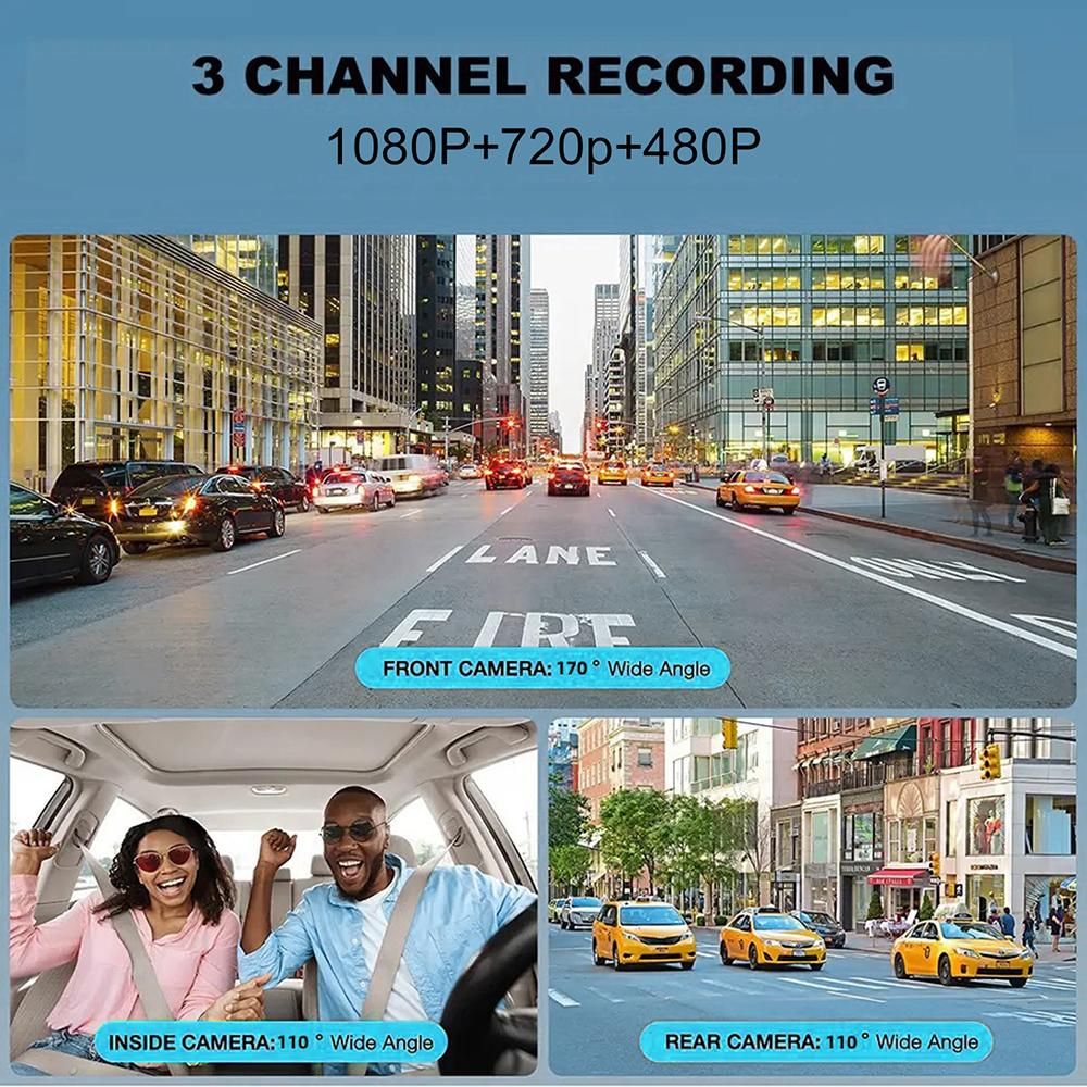 Dash Cam Front and Rear Inside 3 Cameras 1080+720+480P 4in Car Rearview Mirror Car Video Recording Camcorder Night Vision Car Camera Recorder Auto Safety Driving Recorder