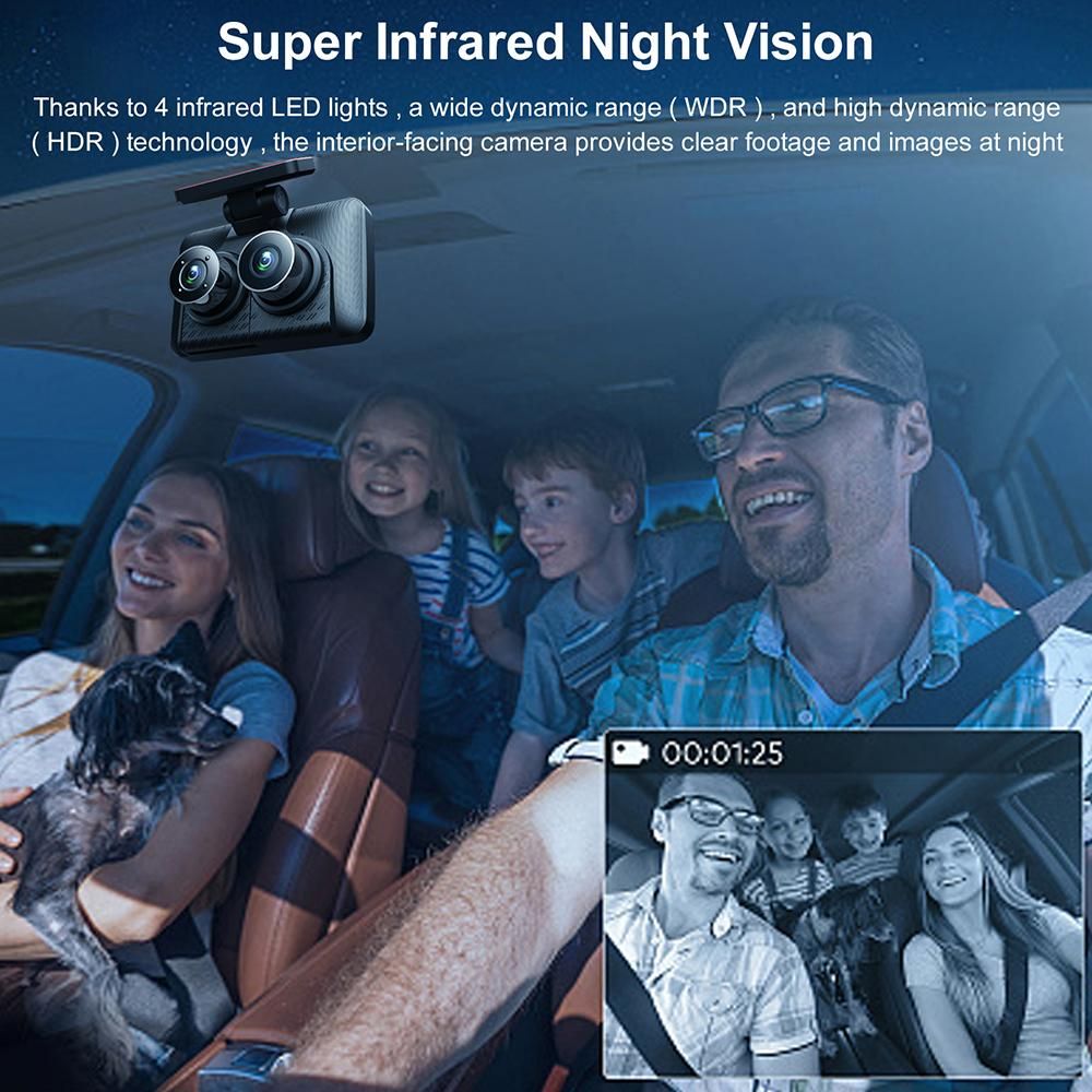 Dash Cam Front and Rear Inside 3 Cameras 1080+720+480P 4in Car Rearview Mirror Car Video Recording Camcorder Night Vision Car Camera Recorder Auto Safety Driving Recorder
