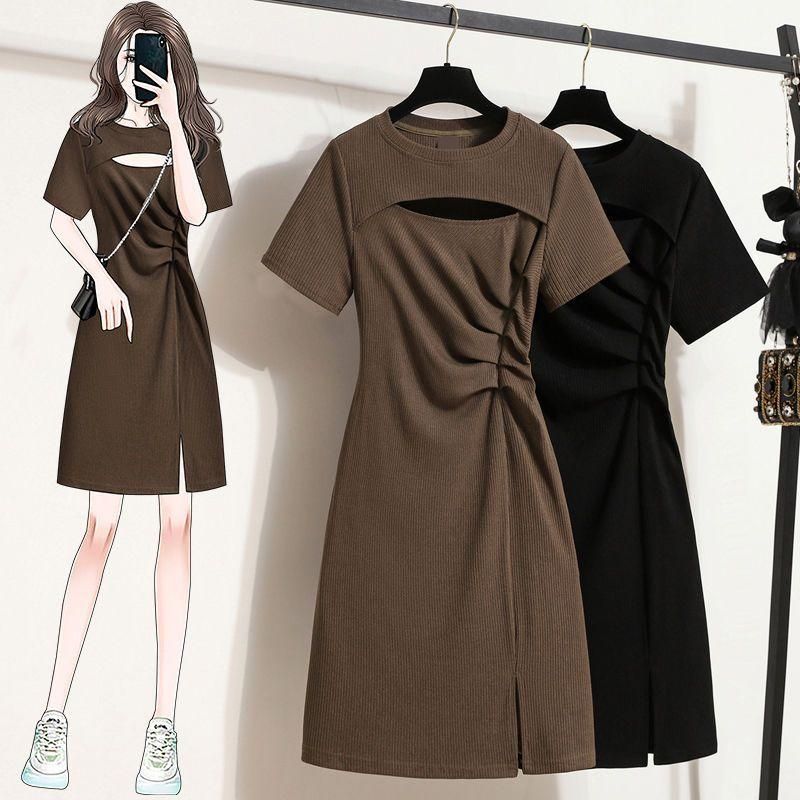 2022 New Large Size Women's Clothing Fold Split Dress Slimming Inspirational Hollow out Niche Fashionable T-shirt Dress