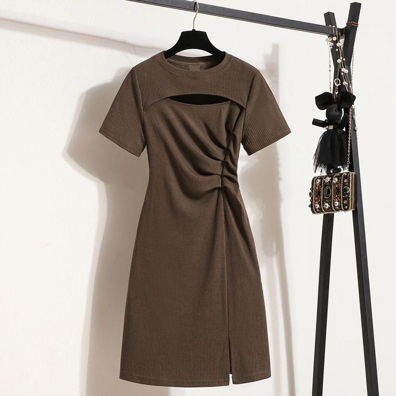 2022 New Large Size Women's Clothing Fold Split Dress Slimming Inspirational Hollow out Niche Fashionable T-shirt Dress
