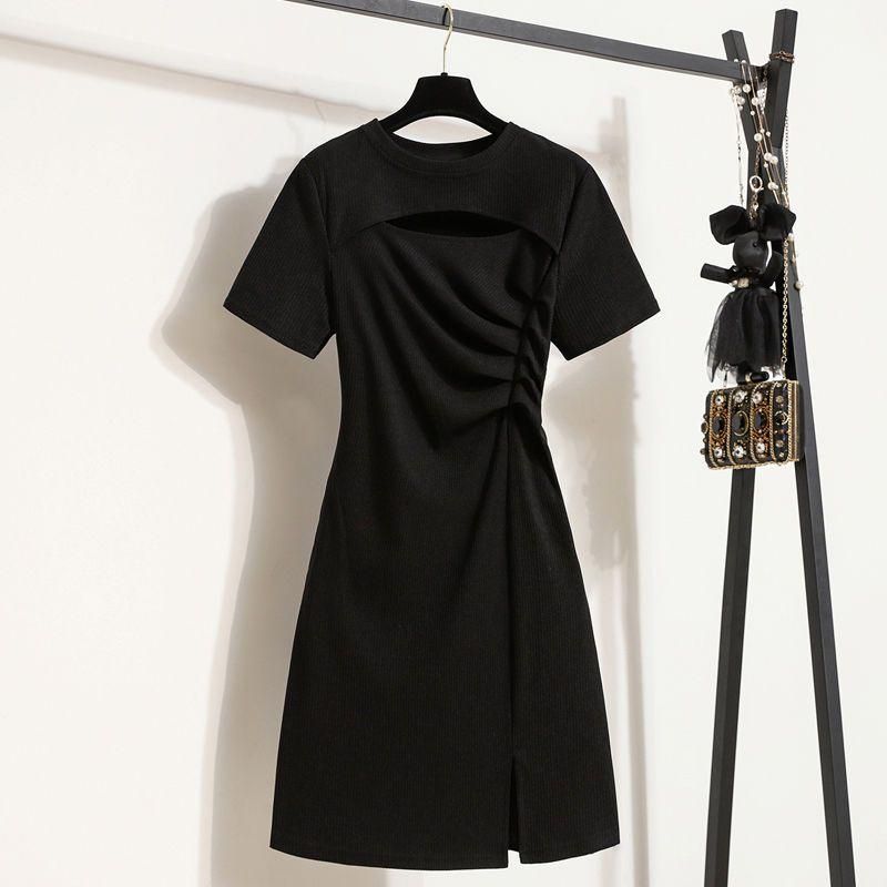 2022 New Large Size Women's Clothing Fold Split Dress Slimming Inspirational Hollow out Niche Fashionable T-shirt Dress